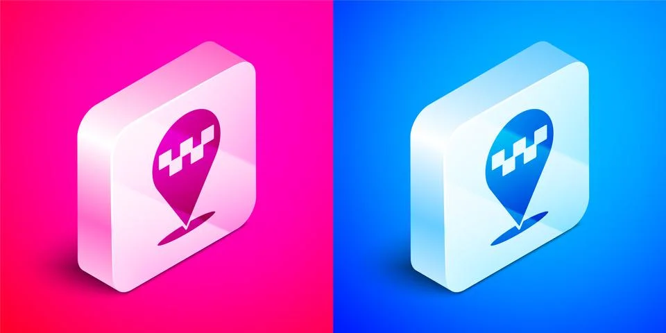 Isometric Map pointer with taxi icon isolated on pink and blue background Stock Illustration