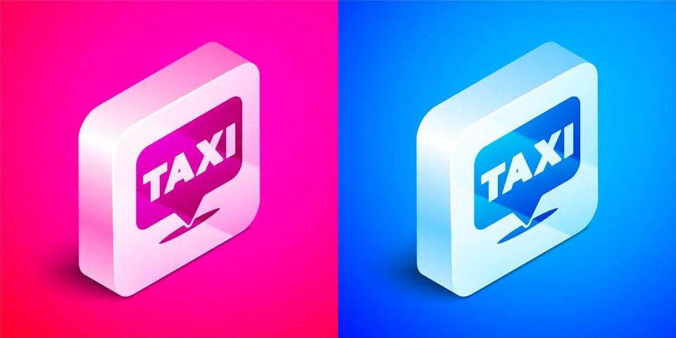 Isometric Map pointer with taxi icon isolated on pink and blue background Stock Illustration