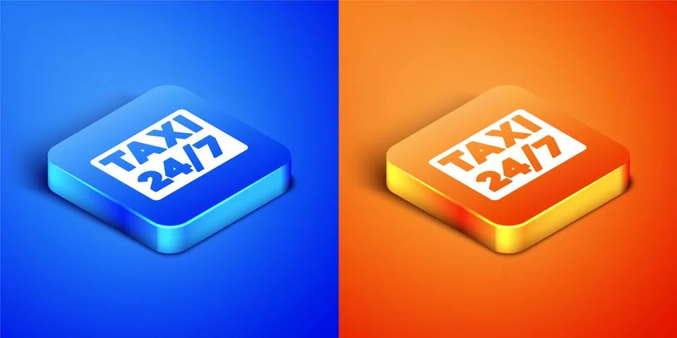 Isometric Map pointer with taxi icon isolated on blue and orange background Stock Illustration
