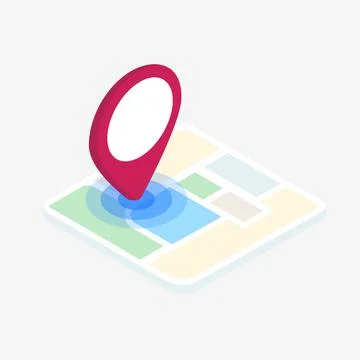 Isometric map with red pin pint - gps location icon. Flat design concept. Vector Stock Illustration