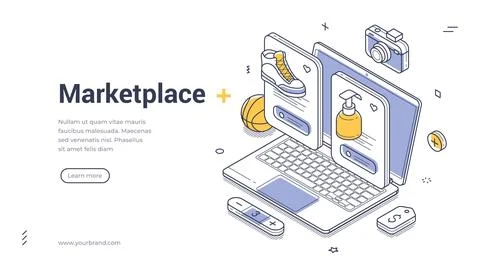 Isometric marketplace banner template. Vector illustration of online shopping Stock Illustration