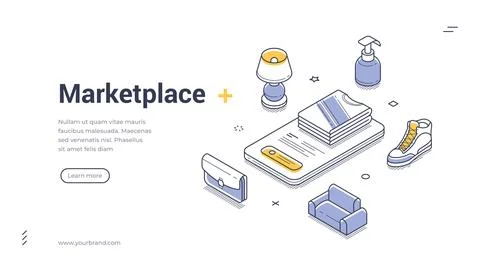 Isometric marketplace banner template. Vector illustration for an online stor Stock Illustration