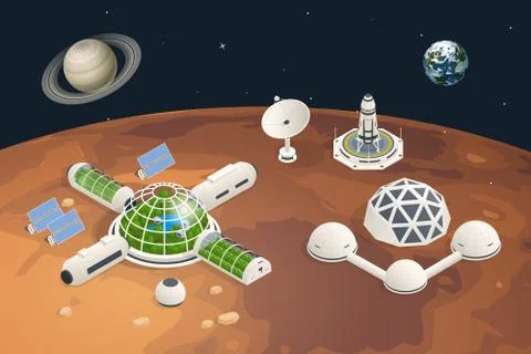 Isometric Mars Colonization, Biological terraforming, Paraterraforming, Adapting Stock Illustration