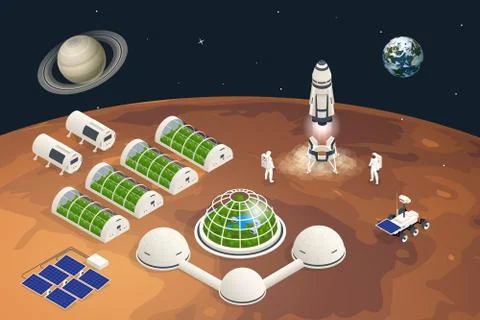 Isometric Mars Colonization, Biological terraforming, Paraterraforming, Adapting Stock Illustration