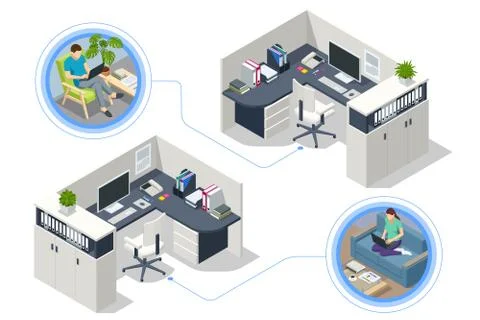 Isometric massive computer table with desktop and chair, office interior. Modern Stock Illustration