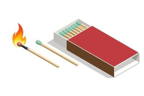 Isometric matches in a box, a match is burning, a match is lying on the table Stock Illustration