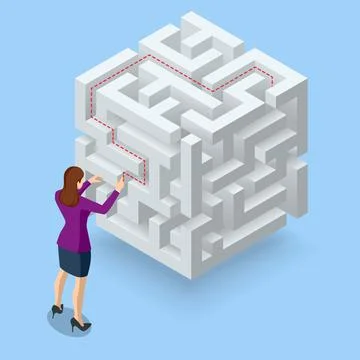 Isometric maze, labyrinth solution. Business team looking for solution in a maze Illustrazione stock