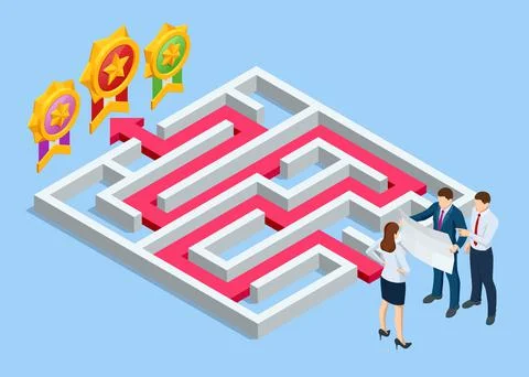 Isometric maze, labyrinth solution. Business team looking for solution in a maze Stock Illustration