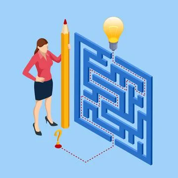 Isometric maze, labyrinth solution. Business team looking for solution in a maze Illustrazione stock