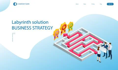 Isometric maze, labyrinth solution. Business team looking for solution in a maze Stock Illustration