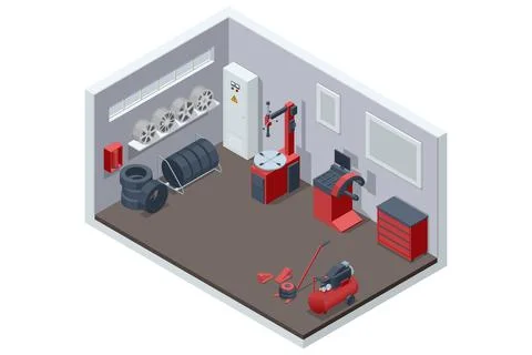 Isometric, Mechanic at a garage workshop. Wheel and tire installation services イラスト素材