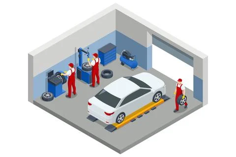 Isometric, Mechanic at a garage workshop. Wheel and tire installation services Stock Illustration