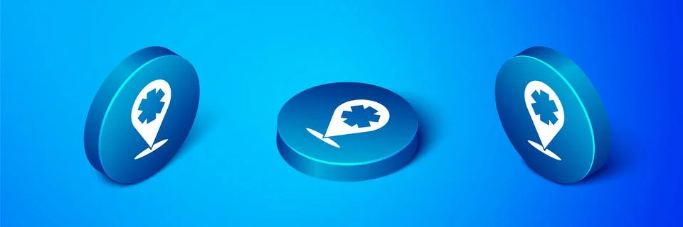 Isometric Medical map pointer with cross hospital icon isolated on blue 스톡 일러스트