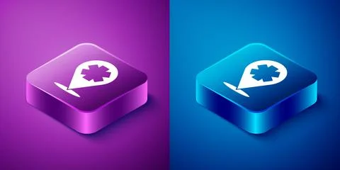 Isometric Medical map pointer with cross hospital icon isolated on blue and 스톡 일러스트