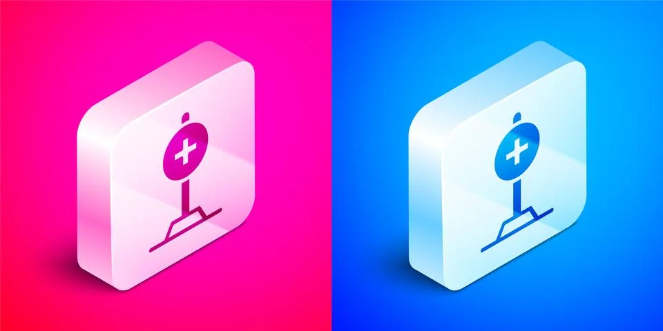 Isometric Medical map pointer with cross hospital icon isolated on pink and blue Stock Illustration
