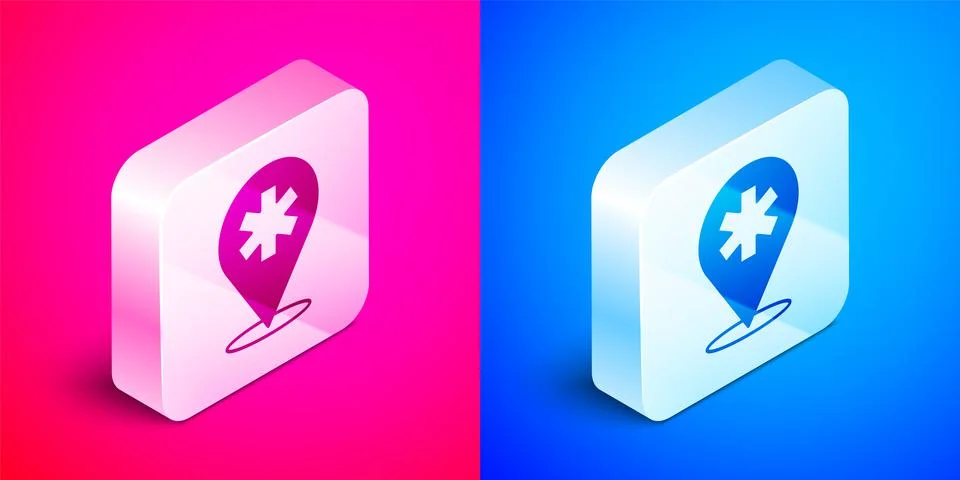 Isometric Medical map pointer with cross hospital icon isolated on pink and blue 스톡 일러스트