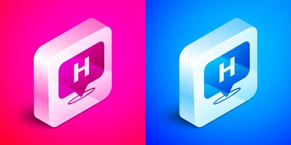 Isometric Medical map pointer with cross hospital icon isolated on pink and blue 스톡 일러스트