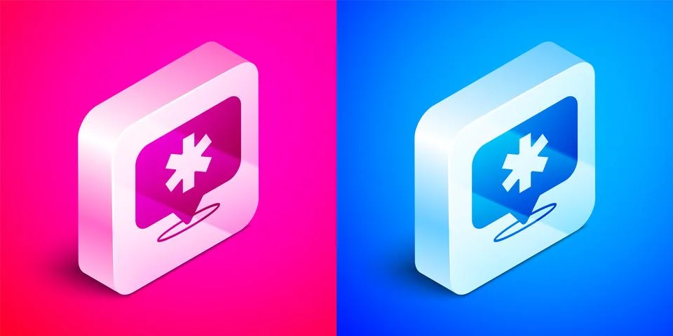 Isometric Medical map pointer with cross hospital icon isolated on pink and blue Stock Illustration