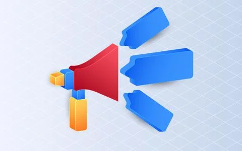 Isometric megaphone, Announcement with speech bubbles on white background. .. Stock Illustration