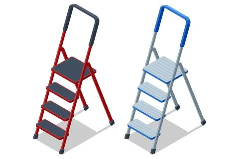 Isometric metal step ladders in red and blue colors. Concept of home repair Stock Illustration