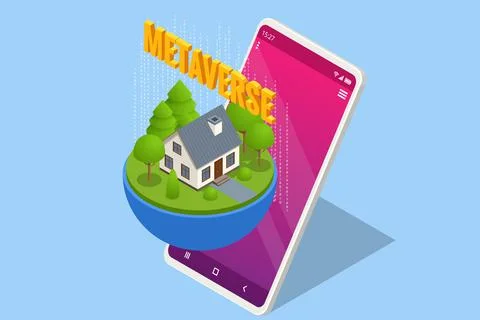 Isometric metaverse concept. Network of 3D virtual worlds focused on social Stock Illustration