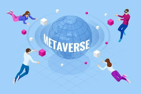 Isometric metaverse concept. Network of 3D virtual worlds focused on social Illustrazione stock