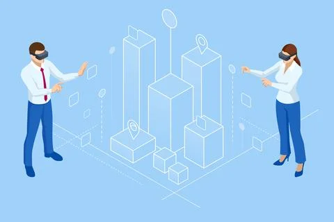 Isometric metaverse concept. Network of 3D virtual worlds focused on social Stock Illustration