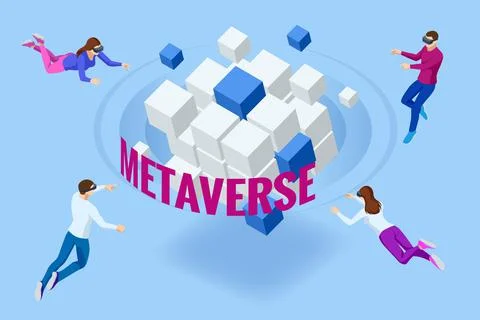 Isometric metaverse concept. Network of 3D virtual worlds focused on social Stock Illustration