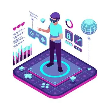 Isometric Metaverse Gaming Experience with VR User Stock Illustration