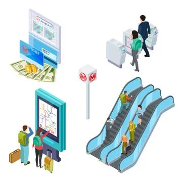 Isometric metro elements. Subway escalator, turnstile, info desk with people. 3d Illustrazione stock
