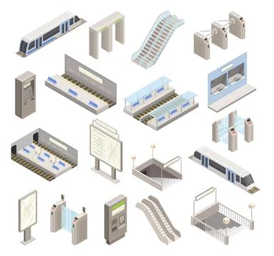Isometric Metro Station Element Collection with Train, Escalator and Map Vector Stock Illustration
