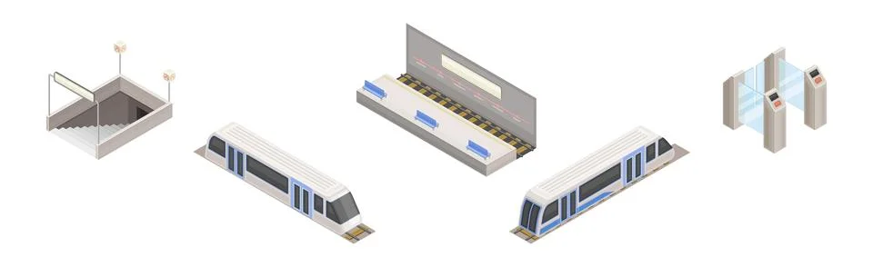Isometric Metro Station with Train, Platform, Stair and Turnstile Vector Set Stock Illustration