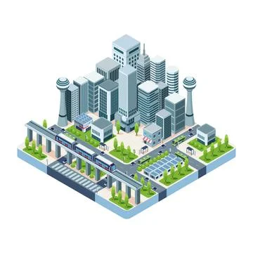 Isometric Metropolis Transportation System with Elevated Rail Transport Stock Illustration
