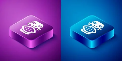 Isometric Mexican mayan or aztec mask icon isolated on blue and purple Illustrazione stock