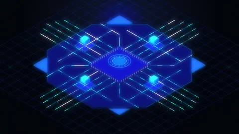 Isometric microchip circuit board with glowing blue data streams Stock Footage 347203133