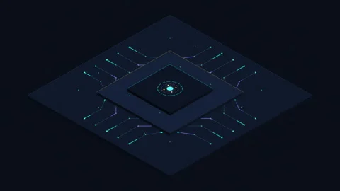 Isometric microchip cpu processing data in digital cyberspace Stock Footage 347204800