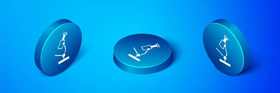 Isometric Microscope icon isolated on blue background. Chemistry, pharmaceutical Illustrazione stock