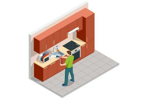 Isometric microwave fire with man using extinguisher in home kitchen Stock Illustration