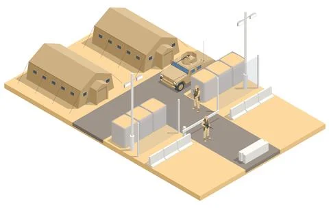 Isometric military army force, base or camp. Stock Illustration