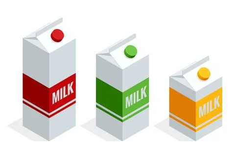Isometric Milk boxes set. Milk pack mock-up. Natural dairy product. The concept Stock Illustration