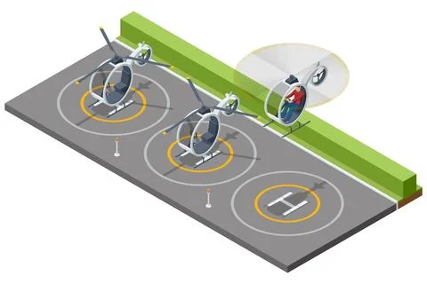 Isometric mini helicopter parking area with light rotor aircraft on marked pads Stock Illustration