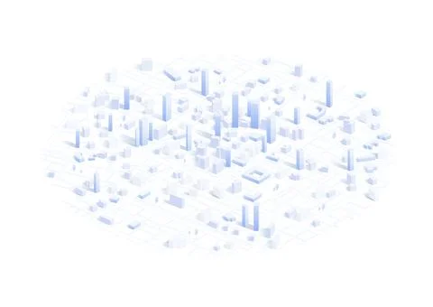 Isometric Miniature City with Low Poly Buildings and Faint Street Grid on White Stock Illustration
