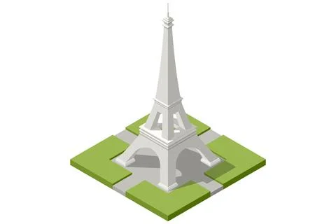 Isometric minimal view of the Eiffel Tower surrounded by simple green park Illustrazione stock