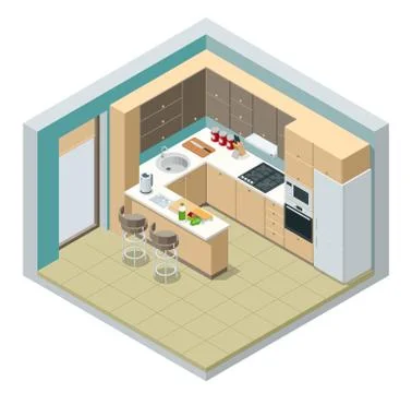 Isometric minimalist kitchen room interior with dinning furniture on a floor Stock Illustration