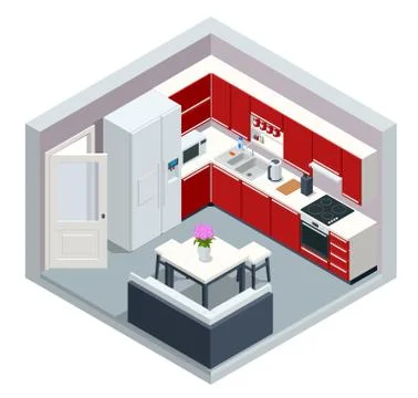 Isometric minimalist kitchen room interior with dinning furniture on a floor Stock Illustration
