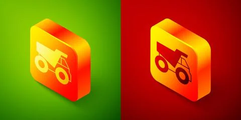 Isometric Mining dump truck icon isolated on green and red background. Square 스톡 일러스트