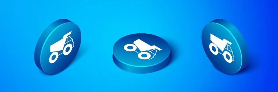 Isometric Mining dump truck icon isolated on blue background. Blue circle button Stock Illustration