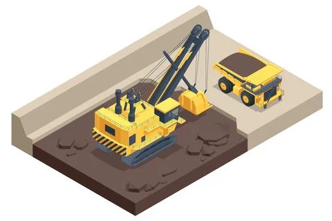 Isometric mining quarry, mine with large quarry dump truck and power shovel Stock Illustration