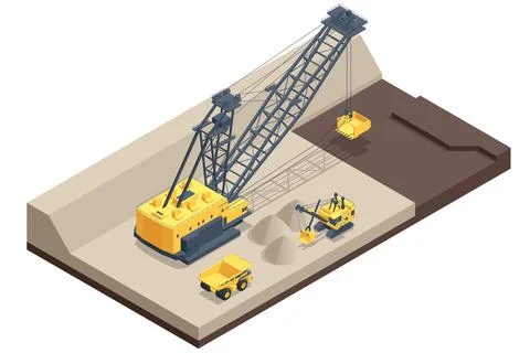 Isometric mining quarry, mine with large quarry dump truck and dragline Stock Illustration