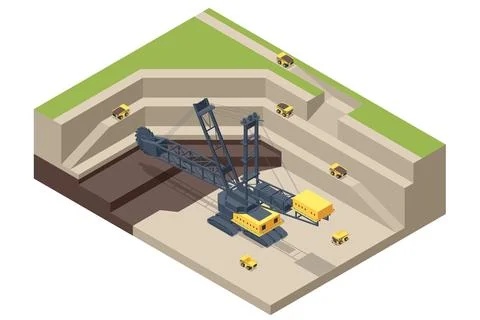 Isometric mining quarry, mine with large quarry dump truck and Bucket-wheel Stock Illustration